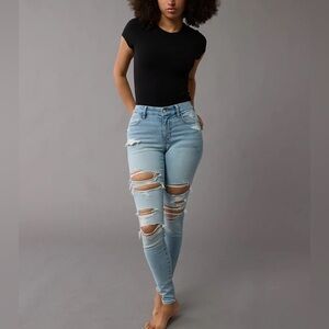 American Eagle Sz 8 LONG Curvy Hi Rise Jeggings Light Wash Distressed